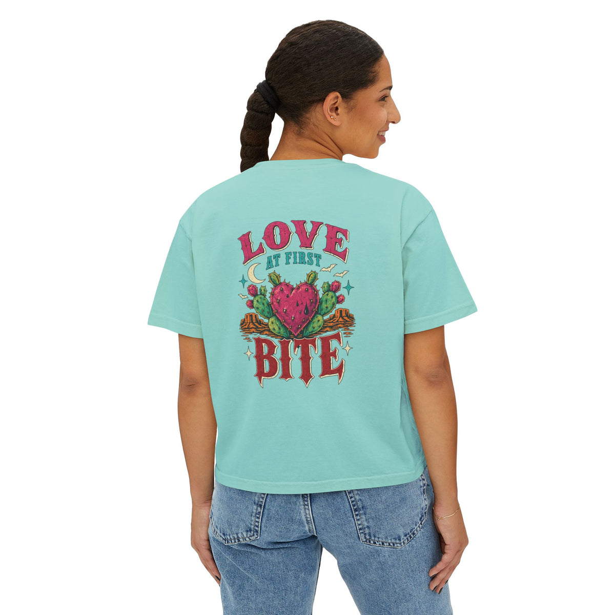 Love At First Bite Boxy Tee — Women's Graphic Strawberry Heart Top