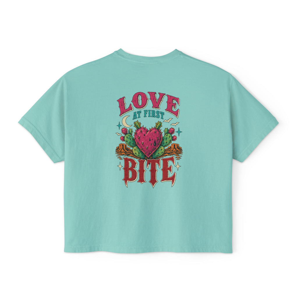 Love At First Bite Boxy Tee — Women's Graphic Strawberry Heart Top