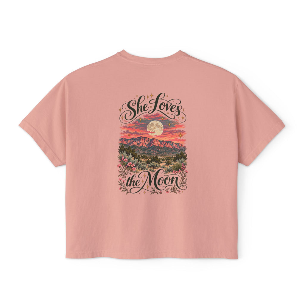 She Loves the Moon | Sandia Mountains Sunset Boxy Tee | High Desert Mama