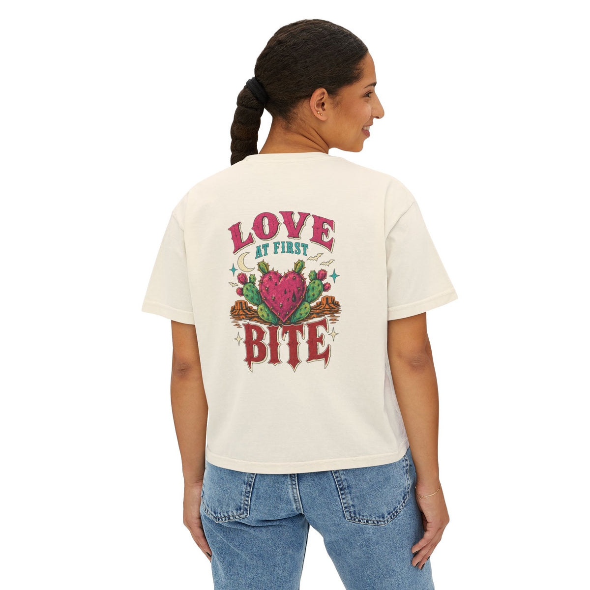 Love At First Bite Boxy Tee — Women's Graphic Strawberry Heart Top