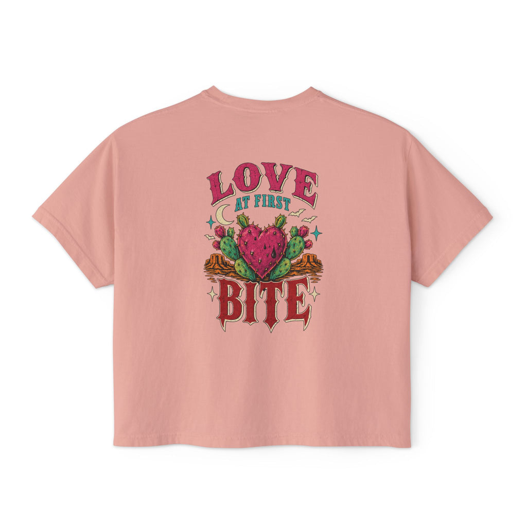 Love At First Bite Boxy Tee — Women's Graphic Strawberry Heart Top