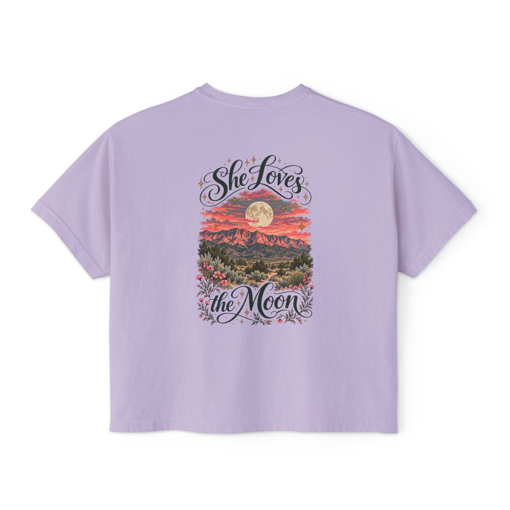 She Loves the Moon | Sandia Mountains Sunset Boxy Tee | High Desert Mama
