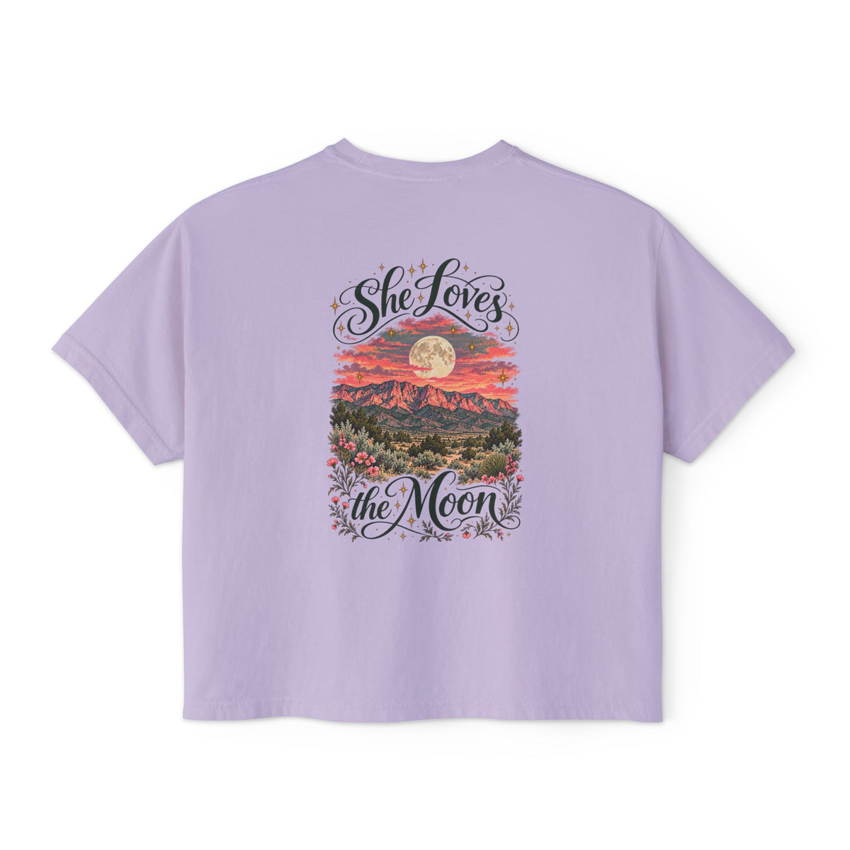 She Loves the Moon | Sandia Mountains Sunset Boxy Tee | High Desert Mama