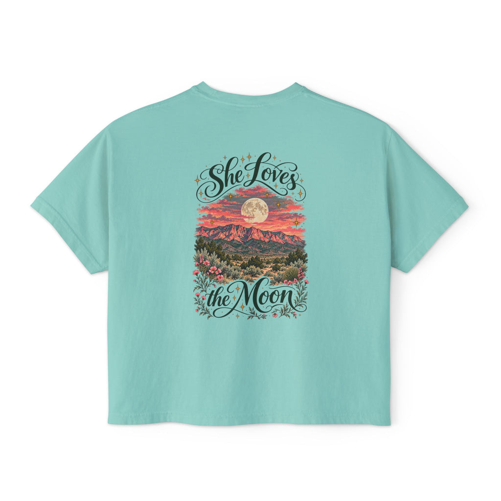 She Loves the Moon | Sandia Mountains Sunset Boxy Tee | High Desert Mama