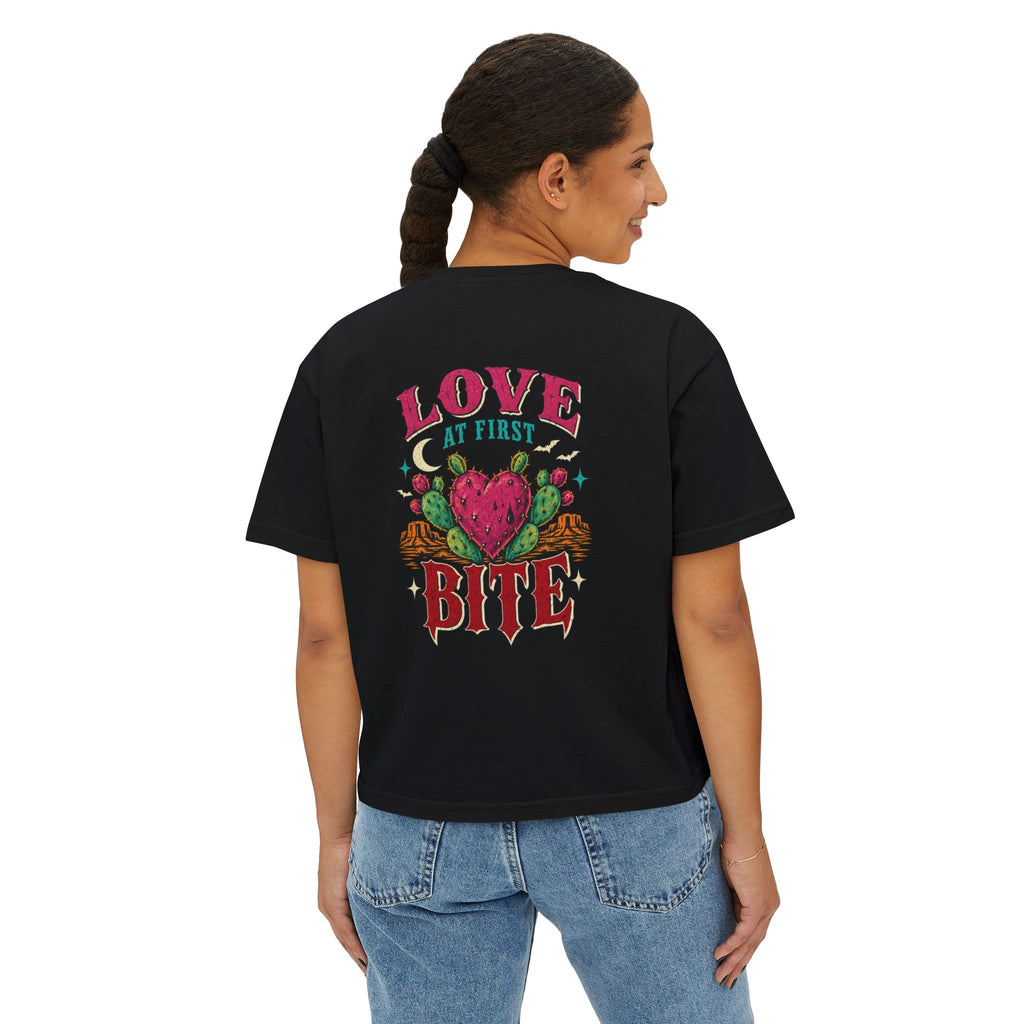 Love At First Bite Boxy Tee — Women's Graphic Strawberry Heart Top