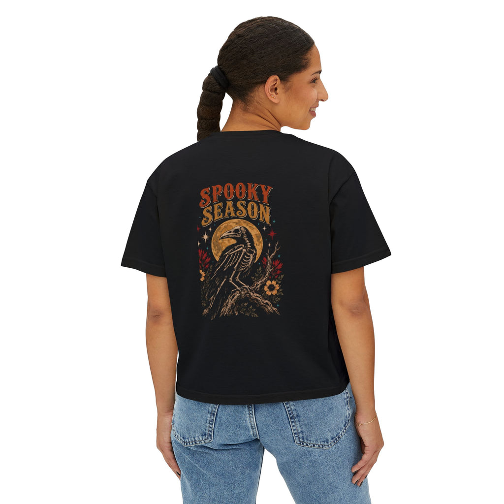 Spooky Season Skeleton Raven Graphic Boxy Tee