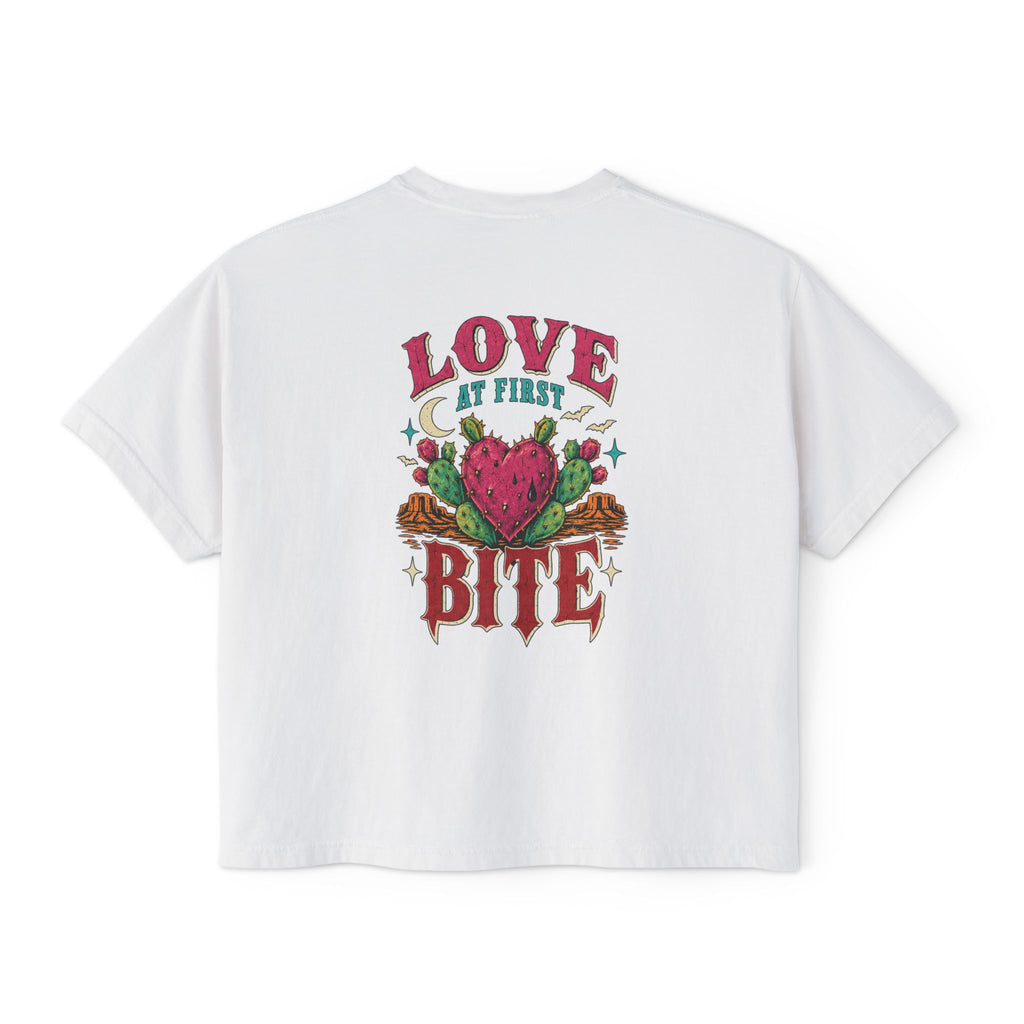 Love At First Bite Boxy Tee — Women's Graphic Strawberry Heart Top