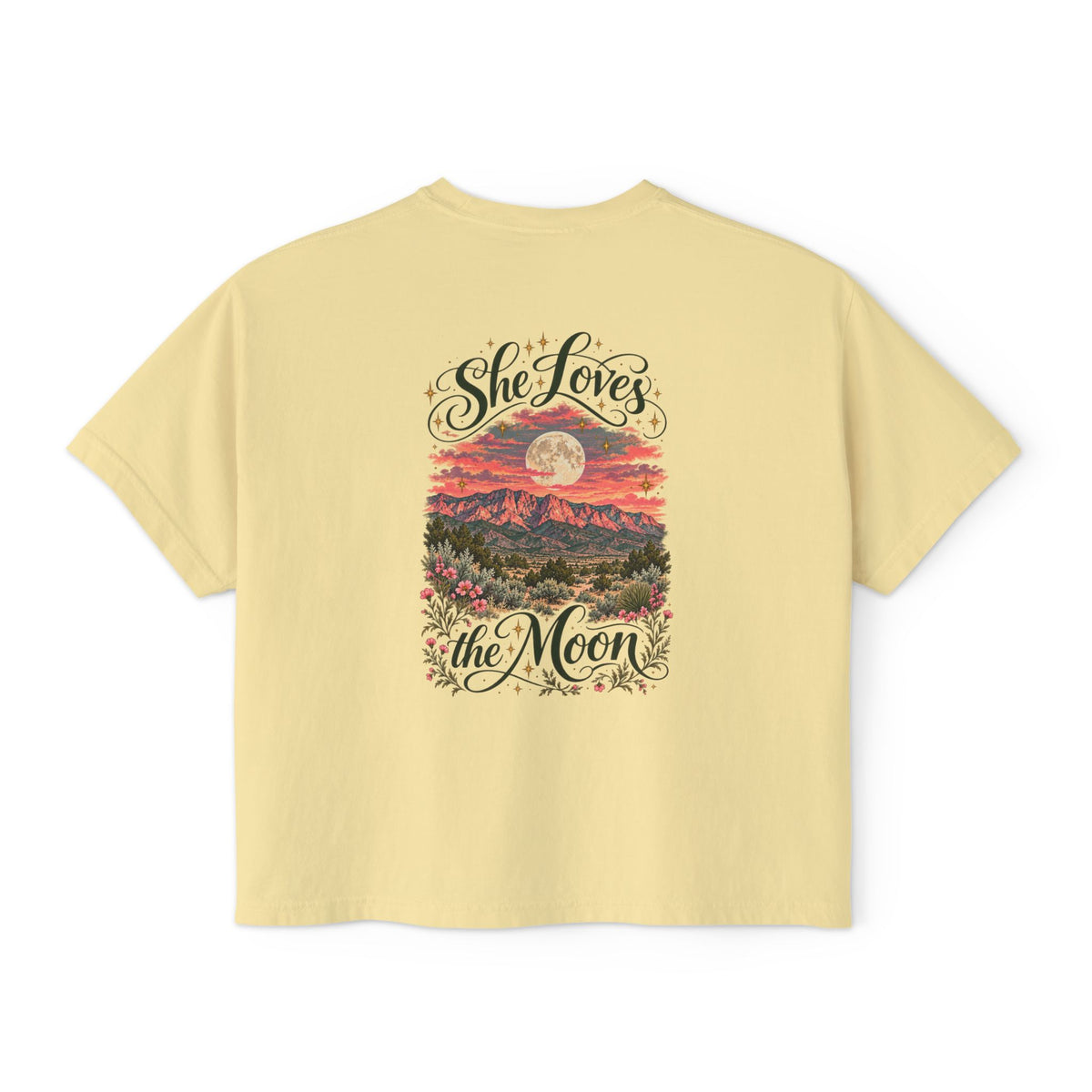 She Loves the Moon | Sandia Mountains Sunset Boxy Tee | High Desert Mama