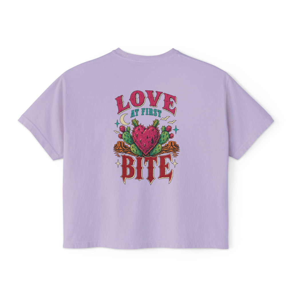 Love At First Bite Boxy Tee — Women's Graphic Strawberry Heart Top