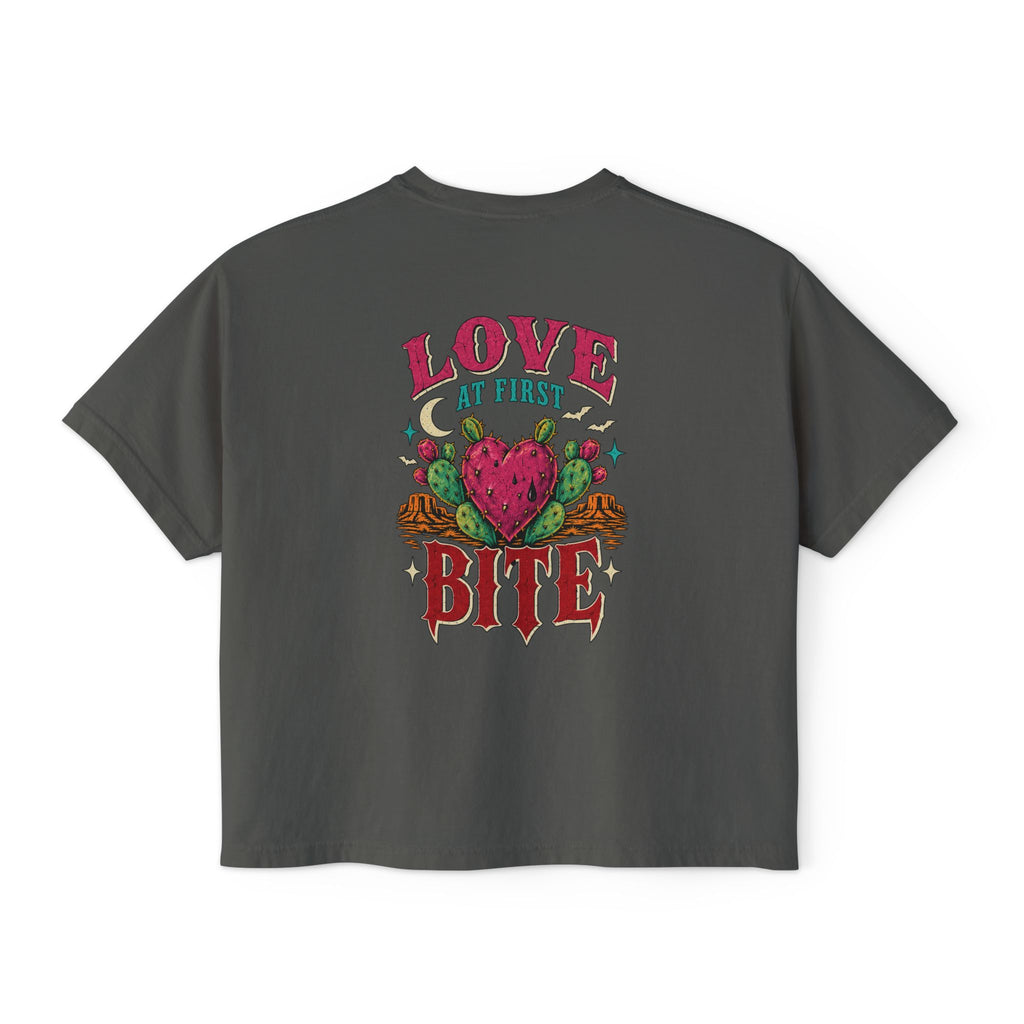Love At First Bite Boxy Tee — Women's Graphic Strawberry Heart Top