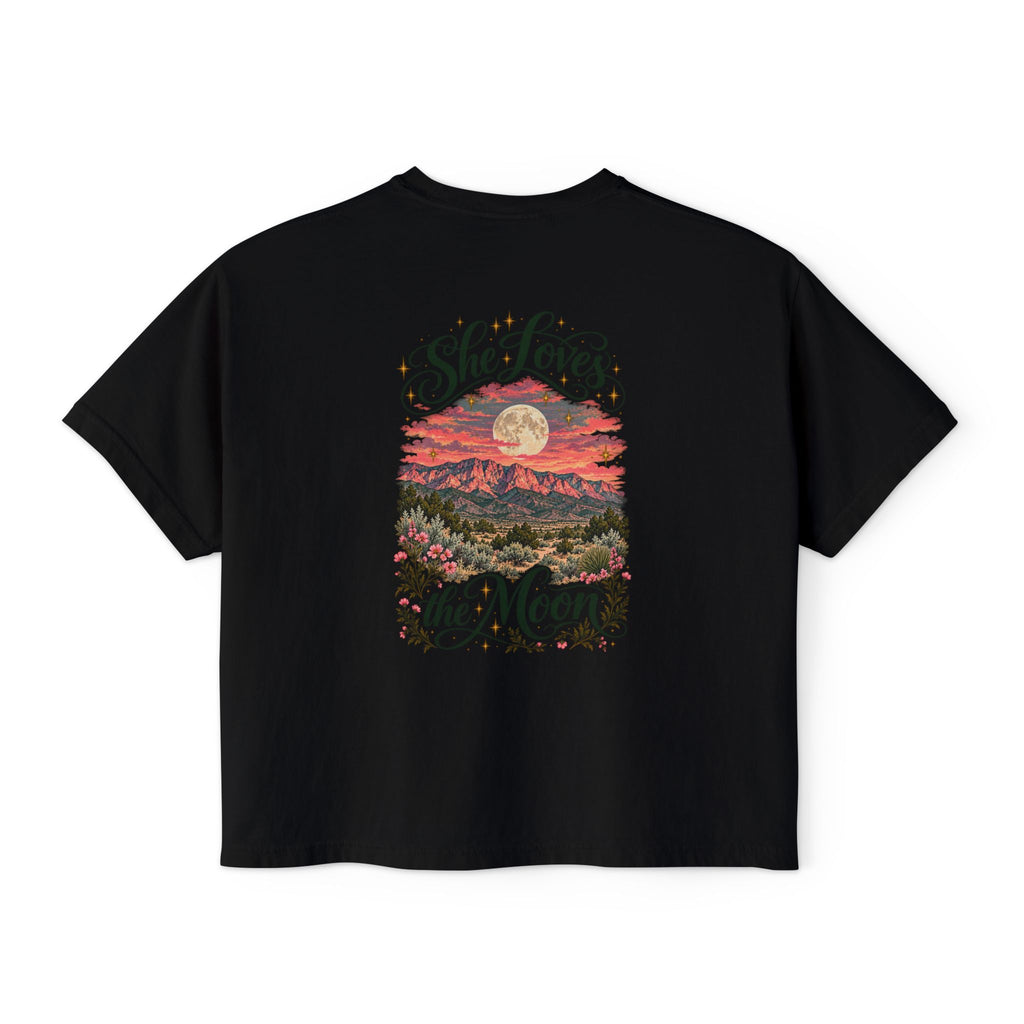 She Loves the Moon | Sandia Mountains Sunset Boxy Tee | High Desert Mama