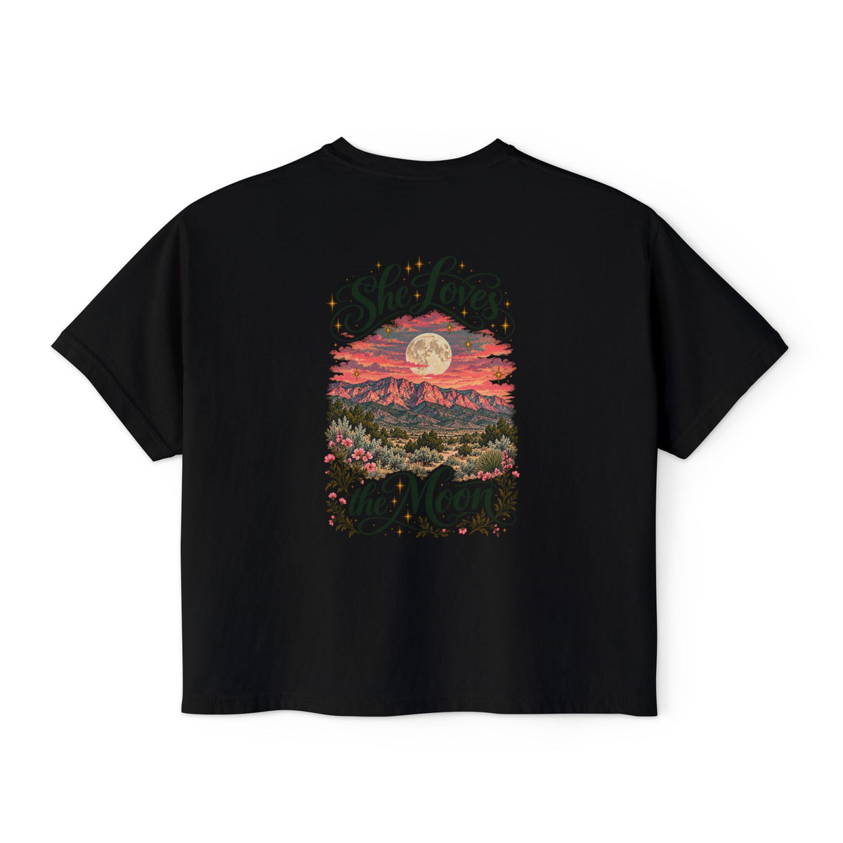 She Loves the Moon | Sandia Mountains Sunset Boxy Tee | High Desert Mama