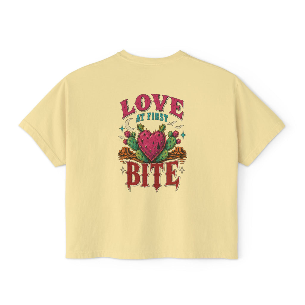 Love At First Bite Boxy Tee — Women's Graphic Strawberry Heart Top