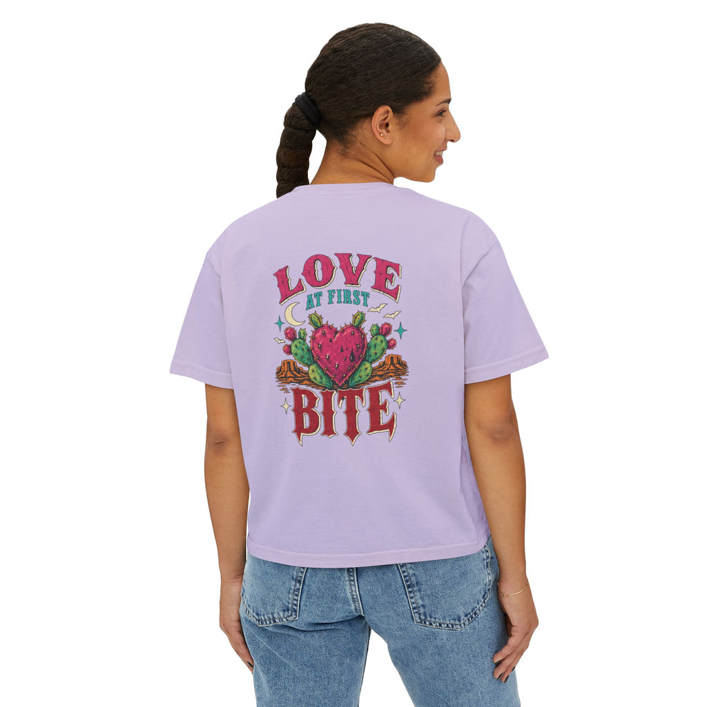 Love At First Bite Boxy Tee — Women's Graphic Strawberry Heart Top