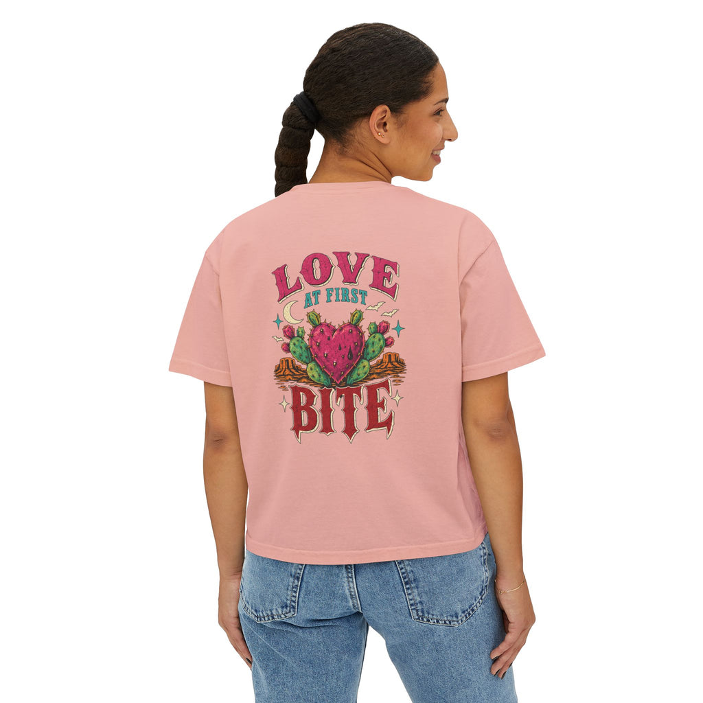 Love At First Bite Boxy Tee — Women's Graphic Strawberry Heart Top