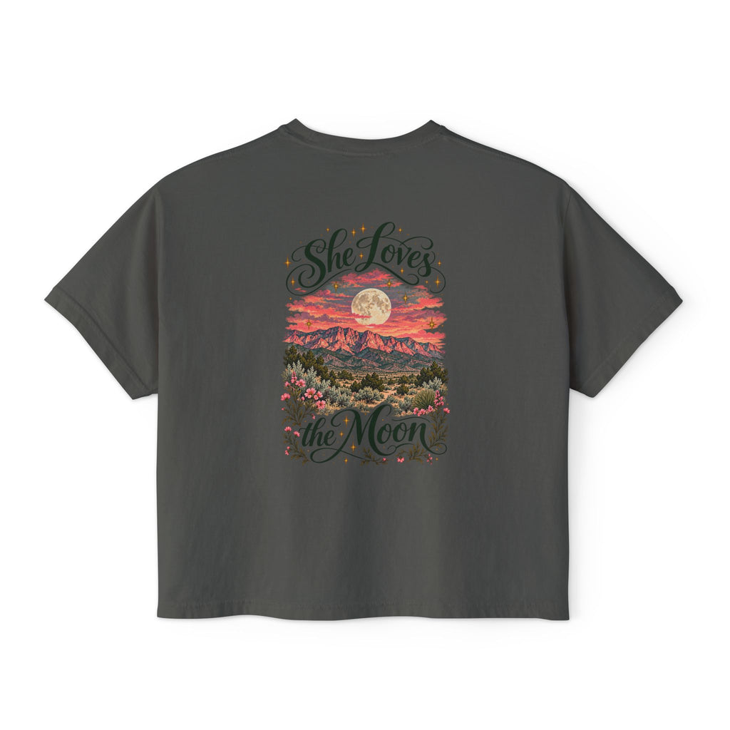 She Loves the Moon | Sandia Mountains Sunset Boxy Tee | High Desert Mama