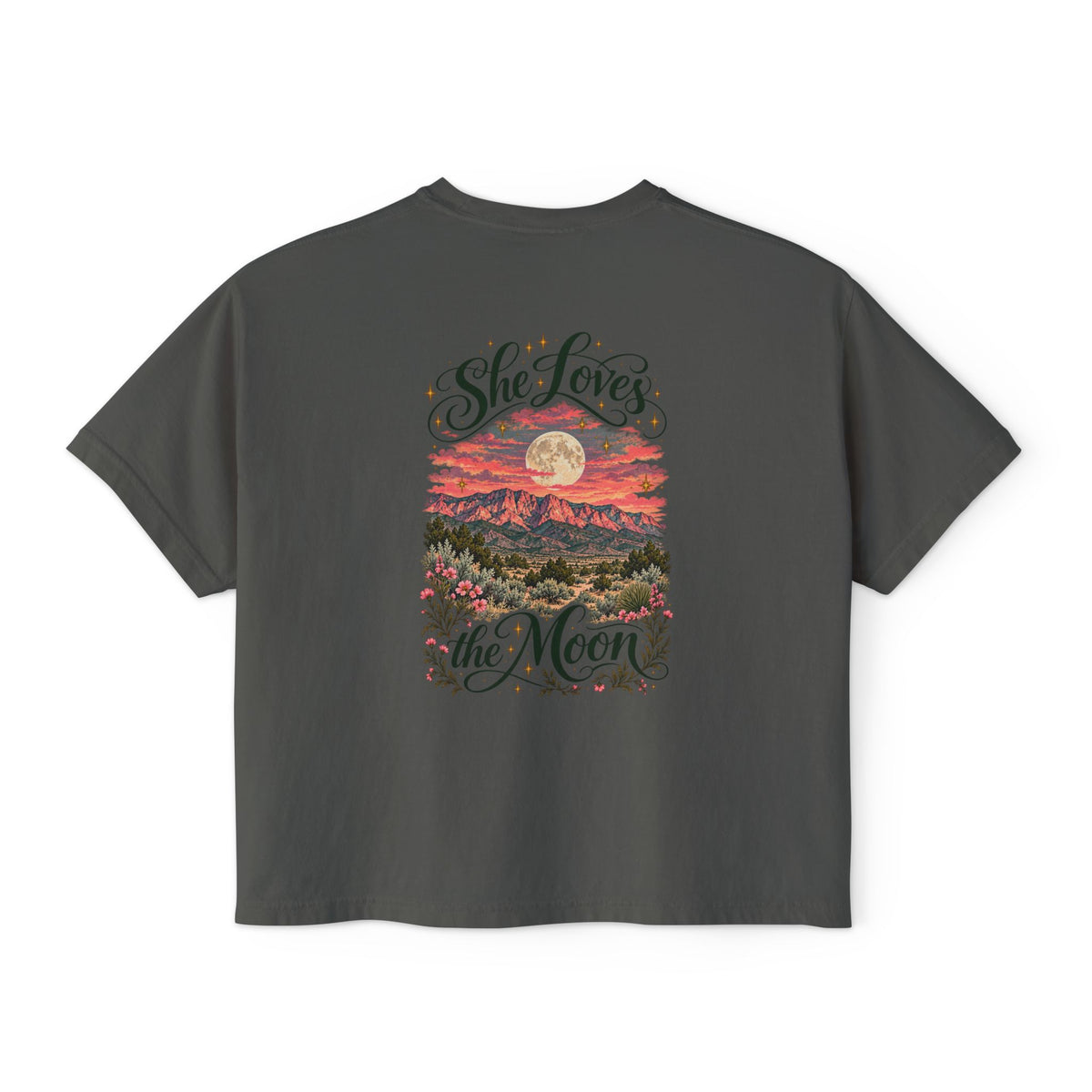 She Loves the Moon | Sandia Mountains Sunset Boxy Tee | High Desert Mama