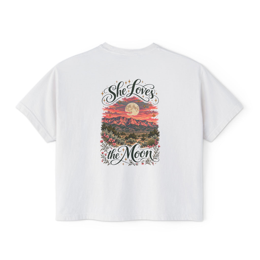 She Loves the Moon | Sandia Mountains Sunset Boxy Tee | High Desert Mama