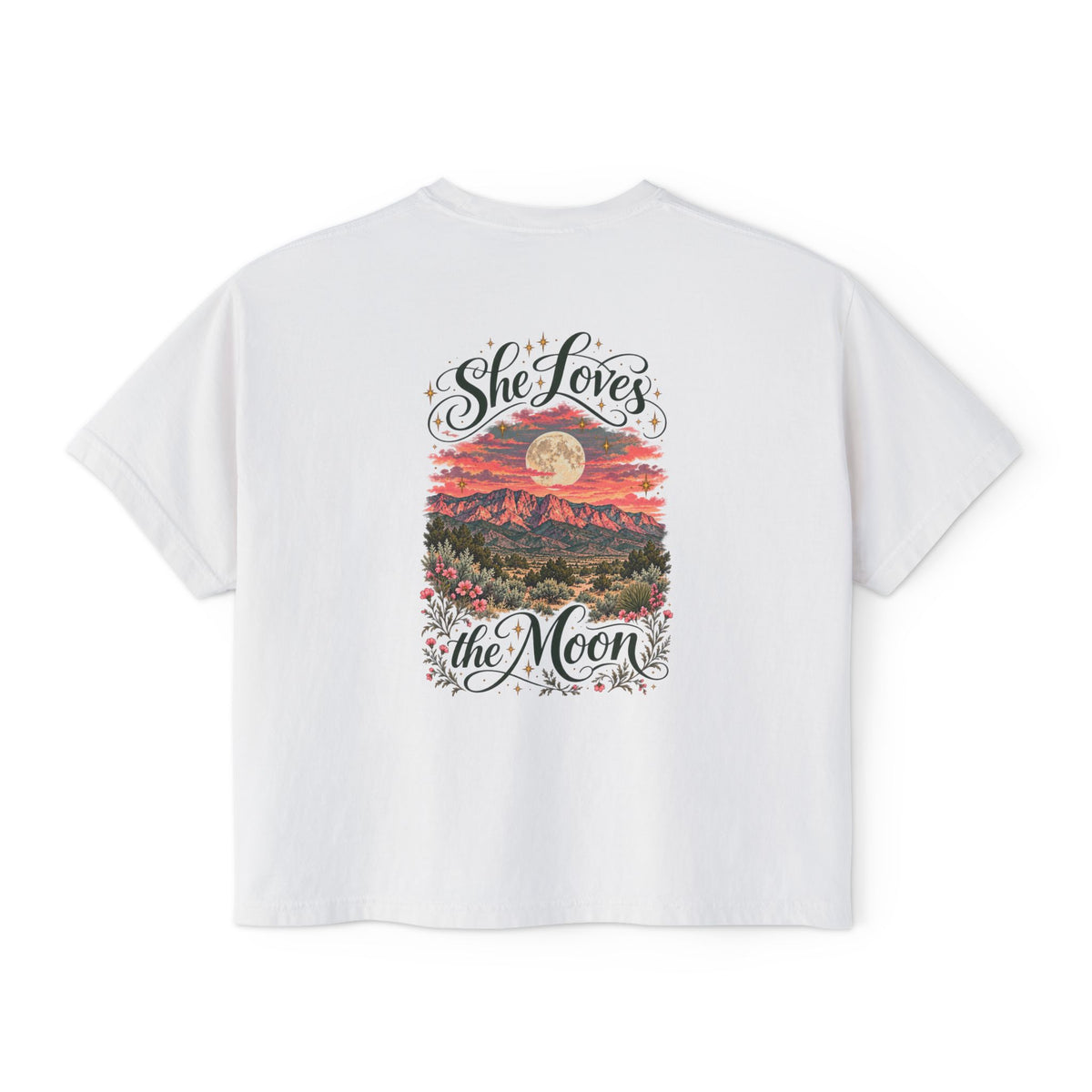 She Loves the Moon | Sandia Mountains Sunset Boxy Tee | High Desert Mama