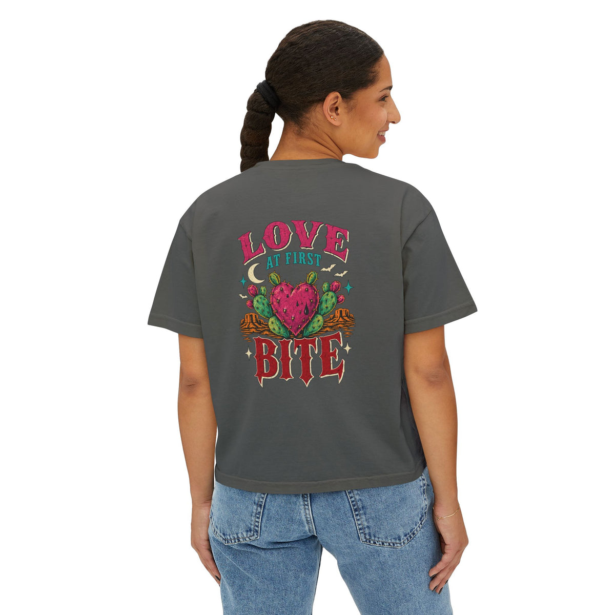 Love At First Bite Boxy Tee — Women's Graphic Strawberry Heart Top